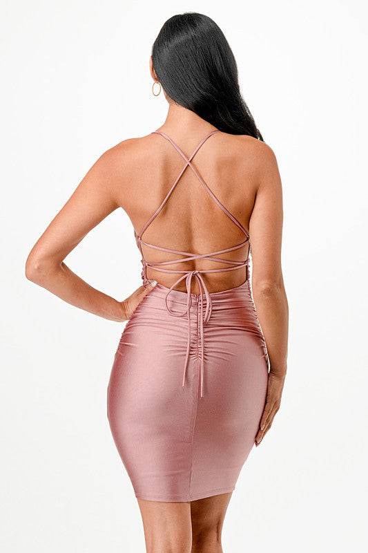 Back lace up short dress with waist shirring - Eye Candy Sensation