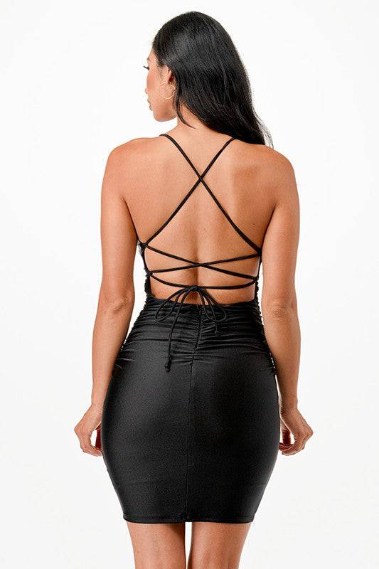Back lace up short dress with waist shirring - Eye Candy Sensation