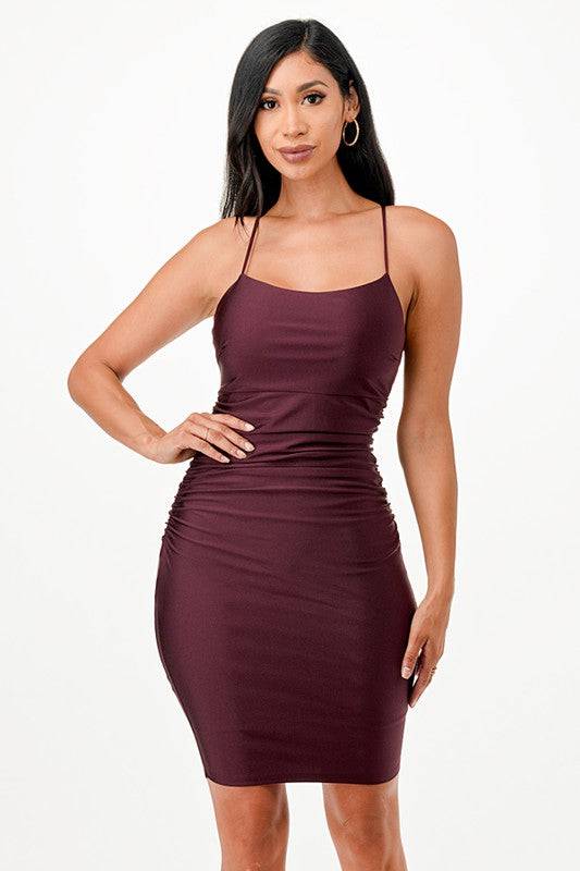 Back lace up short dress with waist shirring - Eye Candy Sensation