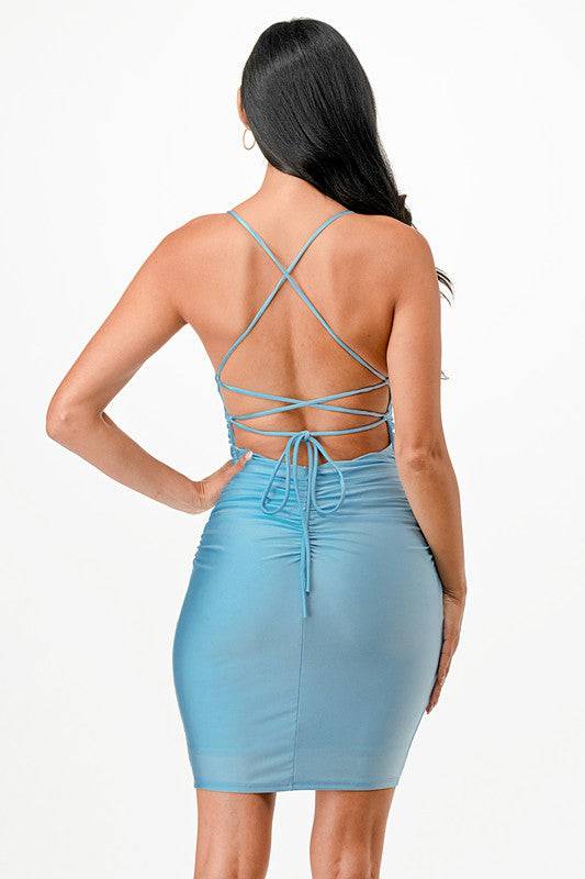 Back lace up short dress with waist shirring - Eye Candy Sensation