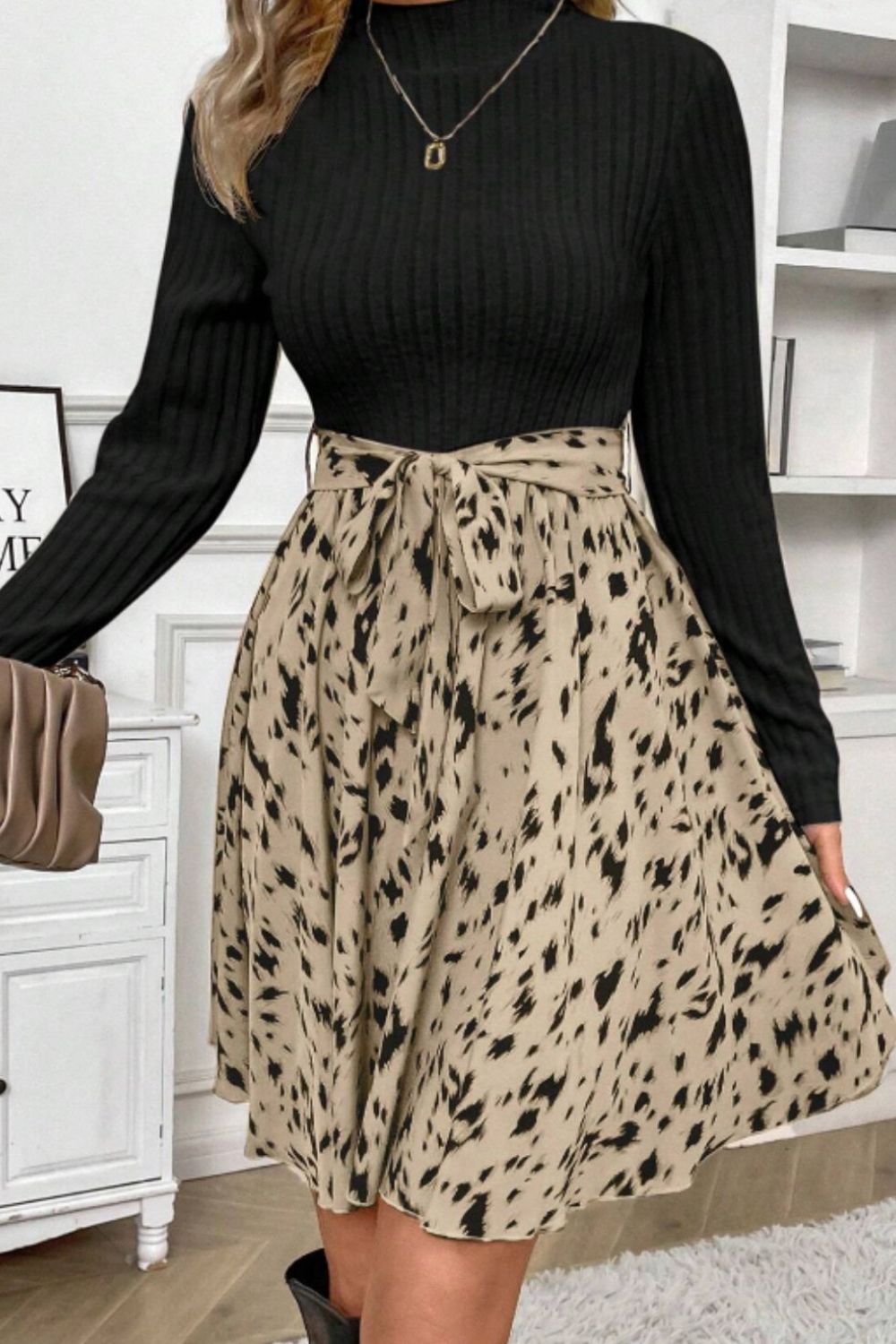 Printed Tie Waist Mock Neck Long Sleeve Dress Trendsi