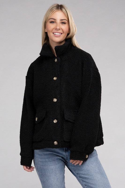 Cozy Sherpa Button-Front Jacket Ambiance Apparel