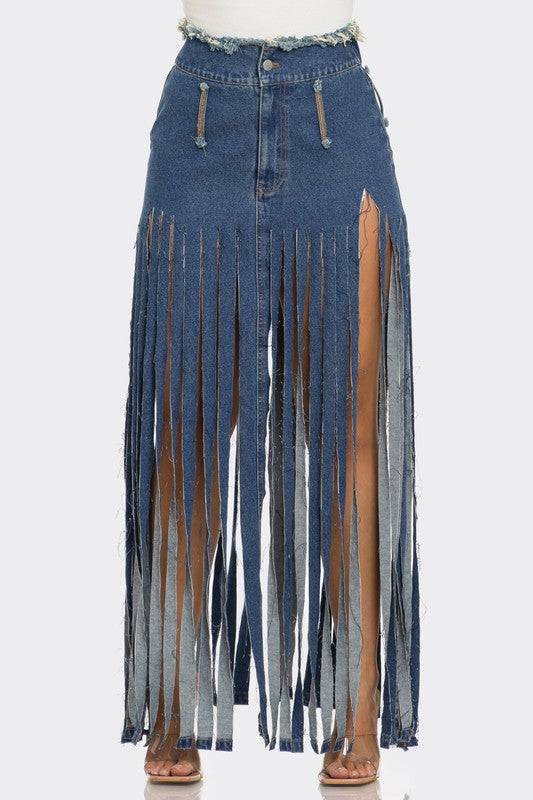 Bohemian Rhapsody Fringe Denim Skirt Athina