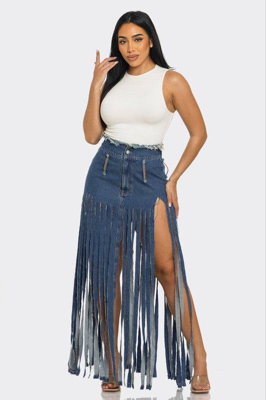 Bohemian Rhapsody Fringe Denim Skirt Athina