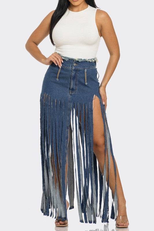 Bohemian Rhapsody Fringe Denim Skirt Athina