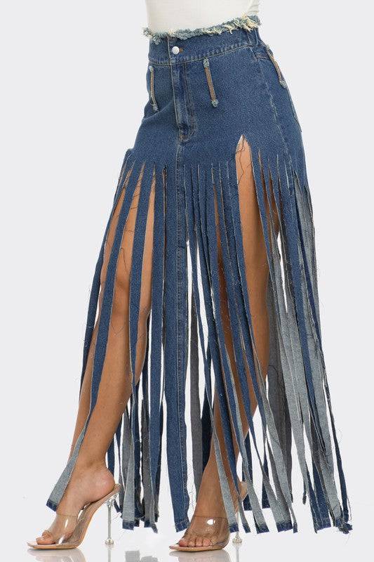 Bohemian Rhapsody Fringe Denim Skirt Athina