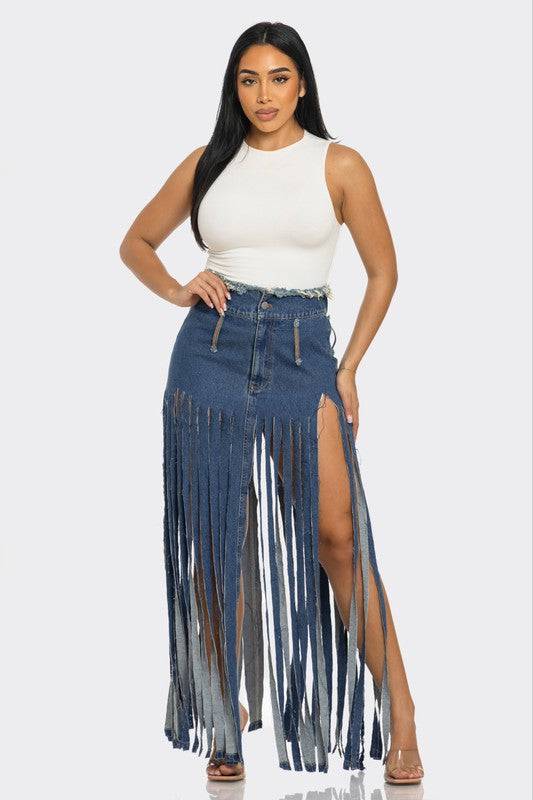 Bohemian Rhapsody Fringe Denim Skirt Athina