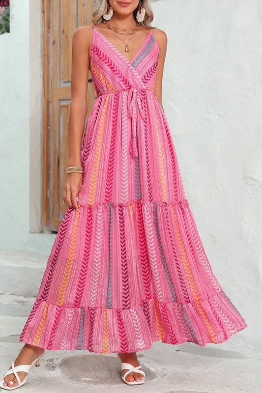 Pink Tribal Tassel Tie V Neck Surplice Maxi Dress - Eye Candy Sensation