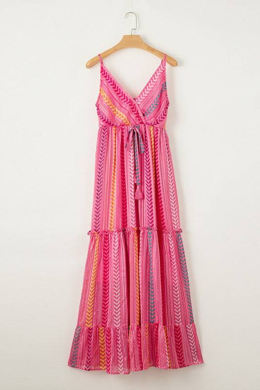 Pink Tribal Tassel Tie V Neck Surplice Maxi Dress - Eye Candy Sensation