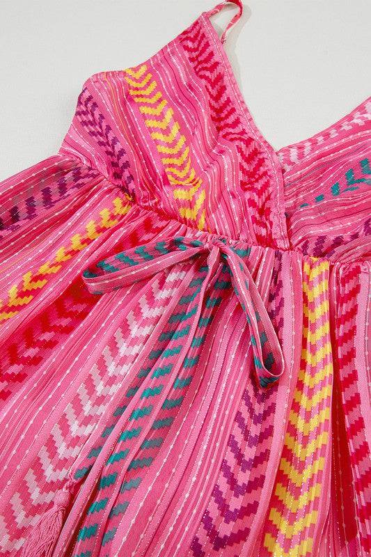 Pink Tribal Tassel Tie V Neck Surplice Maxi Dress - Eye Candy Sensation