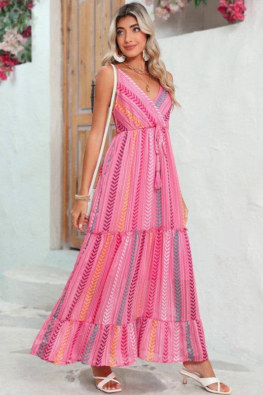 Pink Tribal Tassel Tie V Neck Surplice Maxi Dress - Eye Candy Sensation