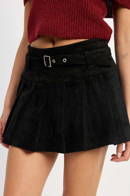 PLEATED SUEDE SKORT WITH BELT - Eye Candy Sensation
