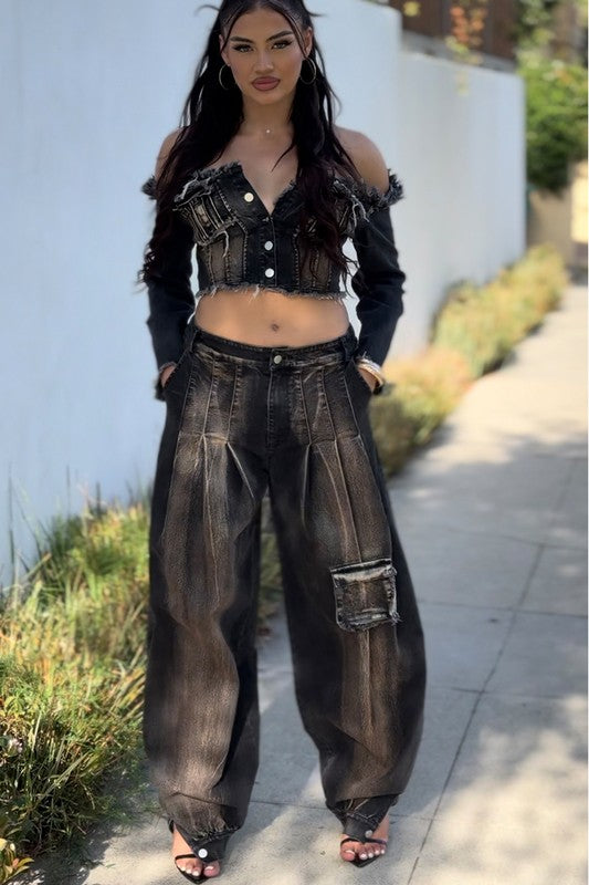 Distressed Denim Crop Top and Cargo Pants set - Eye Candy Sensation