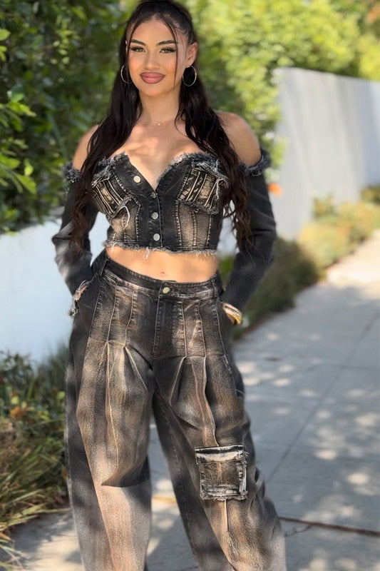 Distressed Denim Crop Top and Cargo Pants set - Eye Candy Sensation