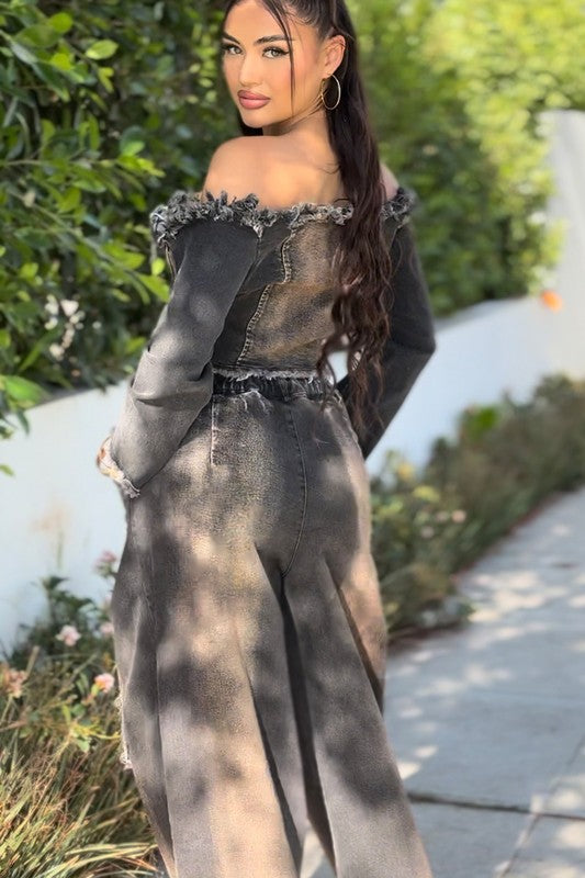 Distressed Denim Crop Top and Cargo Pants set - Eye Candy Sensation