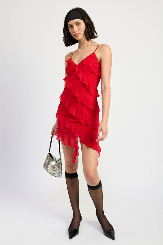 ASYMMETRICAL RUFFLE MINI DRESS - Eye Candy Sensation