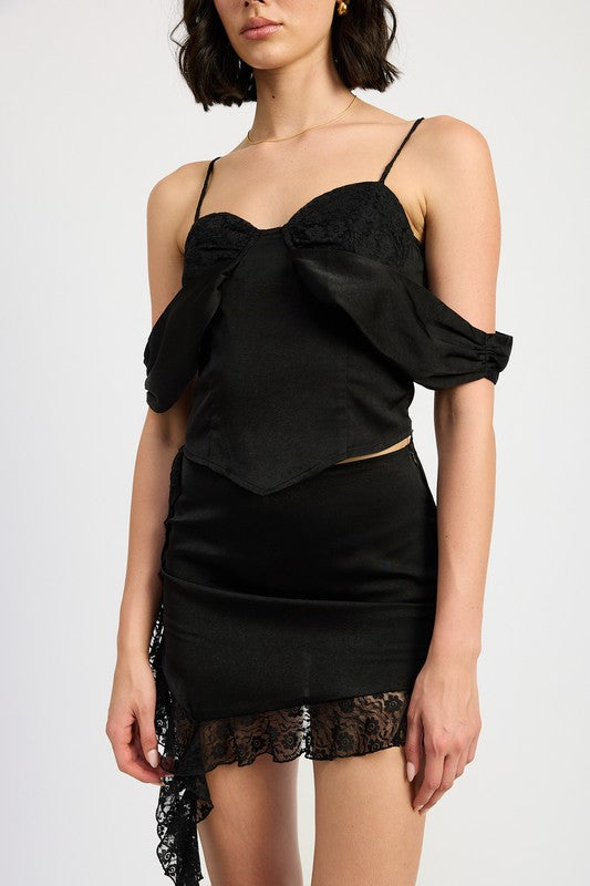 OFF SHOULDER SATIN BUSTIER WITH LACE DETAIL - Eye Candy Sensation Apparel & Accessories