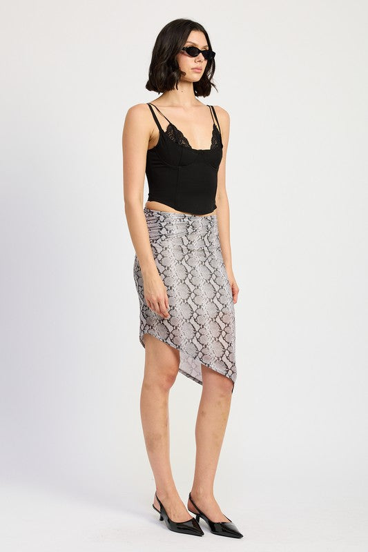 PRINTED ASYMMETRICAL MESH MIDI SKIRT Emory Park