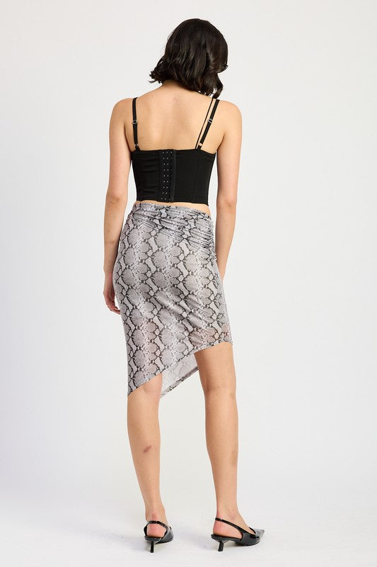 PRINTED ASYMMETRICAL MESH MIDI SKIRT Emory Park