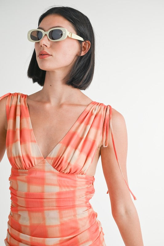 SHIRRED MINI DRESS WITH SHOULDER TIE - Eye Candy Sensation Apparel & Accessories