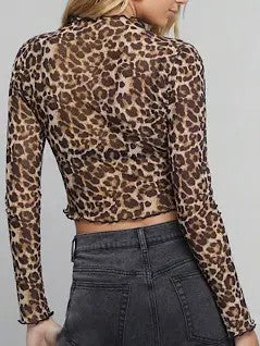 Cropped mesh leopard long sleeve top - Eye Candy Sensation Apparel & Accessories