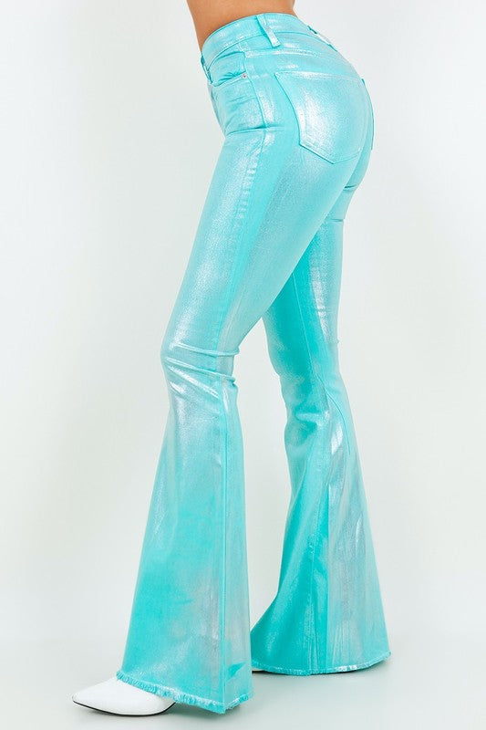 Metallic Bell Bottom Jean in Turquoise -Inseam 34 - Eye Candy Sensation Apparel & Accessories