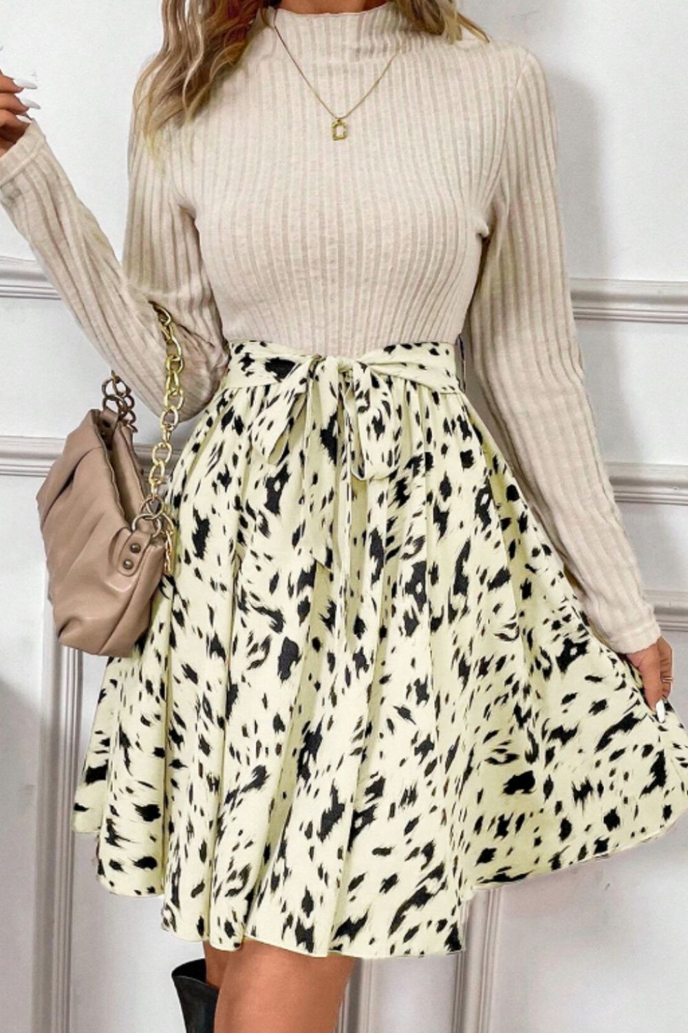 Printed Tie Waist Mock Neck Long Sleeve Dress Trendsi