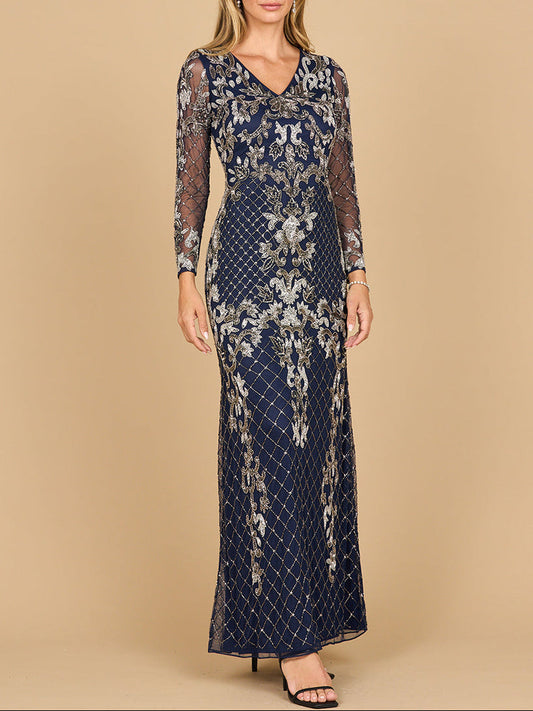 Lara 28877- Long Sleeve Contrast Beaded Gown