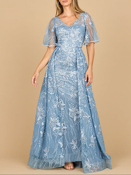 Lara 28880- Overskirt Lace Fitted V-Neck Gown with Cape Sleeves