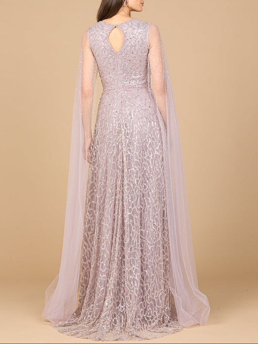 Beaded Lace Gown with Cape Sleeves