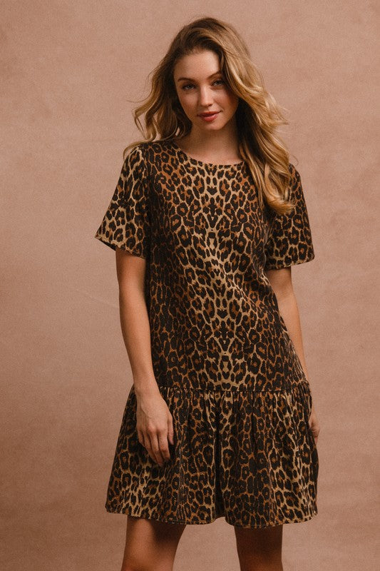 BiBi Tie Back Leopard Round Neck Short Sleeve Dress - Eye Candy Sensation Apparel & Accessories