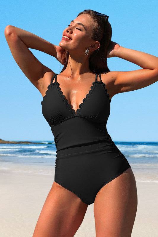 Scalloped V Neck Cut Out Monokini Swimwear - Eye Candy Sensation