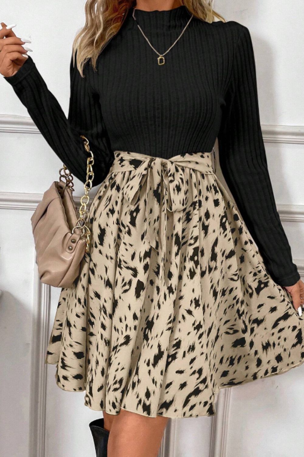 Printed Tie Waist Mock Neck Long Sleeve Dress Trendsi
