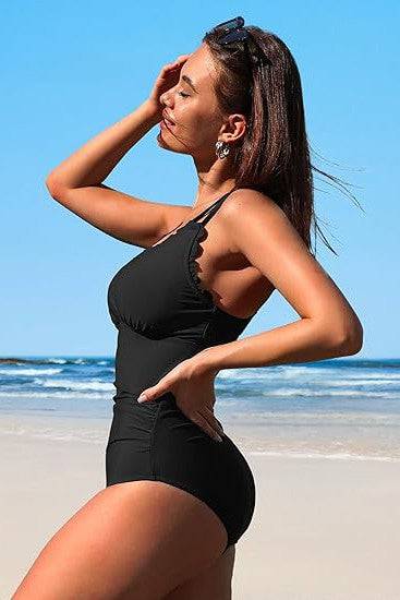 Scalloped V Neck Cut Out Monokini Swimwear - Eye Candy Sensation