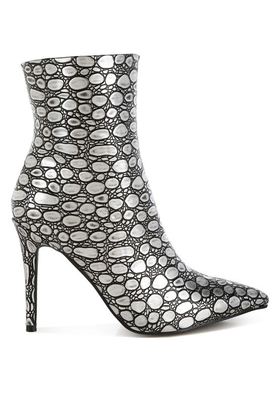 Moolah Embossed Stiletto Heel Ankle Boots - Eye Candy Sensation Apparel & Accessories