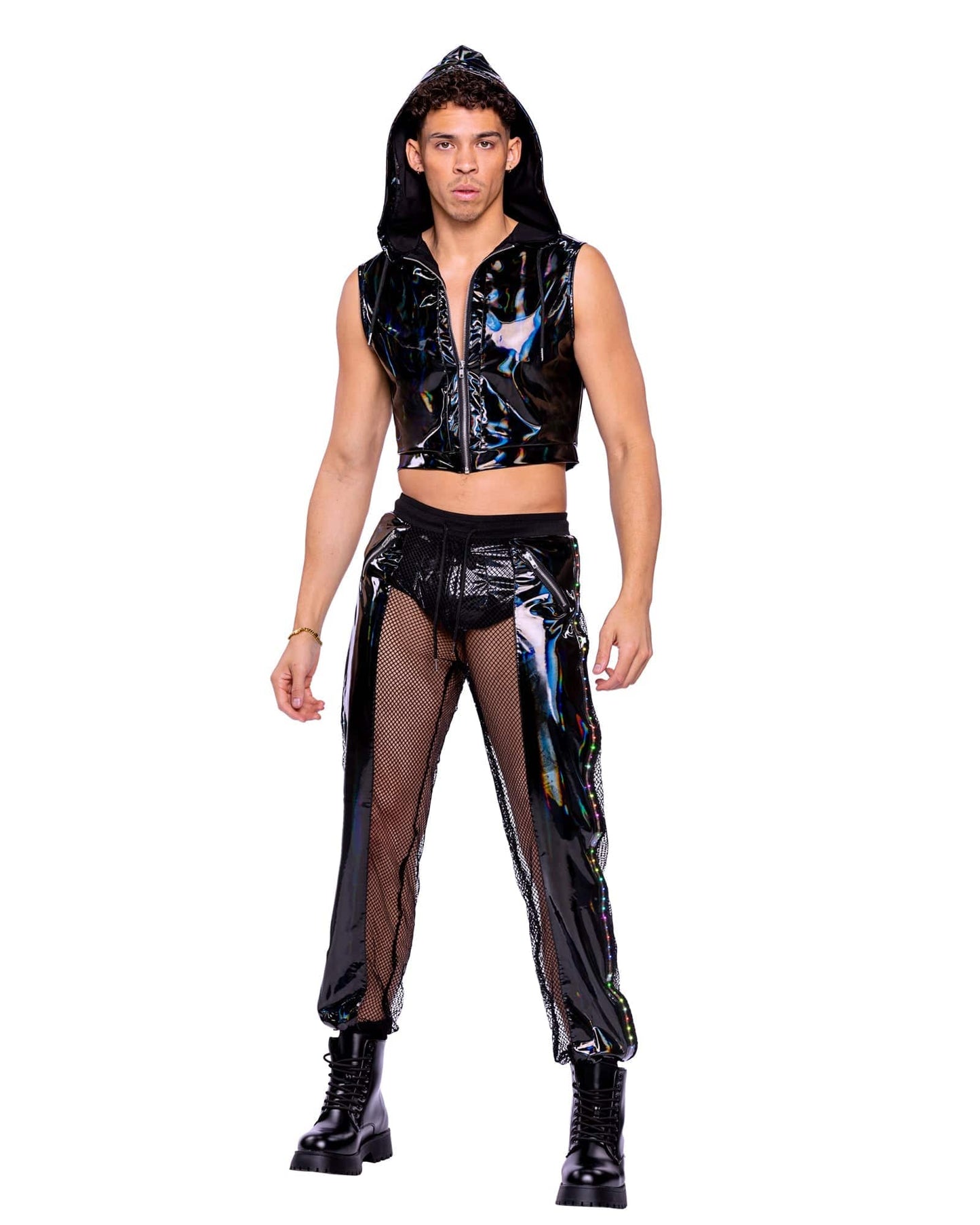 6510 - Vinyl with Iridescent Print Cropped Zip-Up Hooded Sleeveless Jacket Roma Costume, Inc.