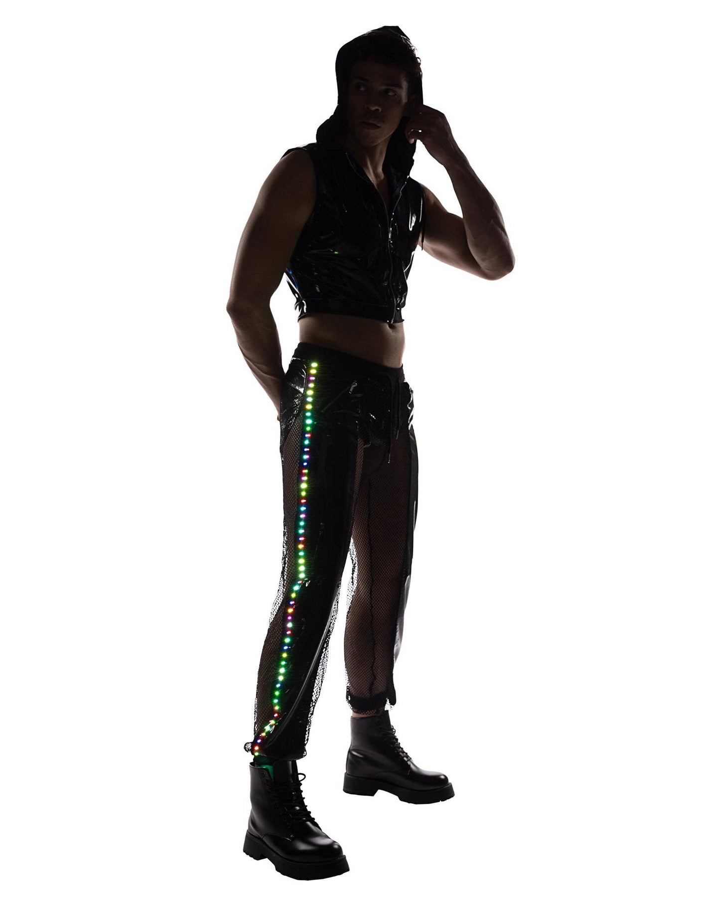 6510 - Vinyl with Iridescent Print Cropped Zip-Up Hooded Sleeveless Jacket Roma Costume, Inc.