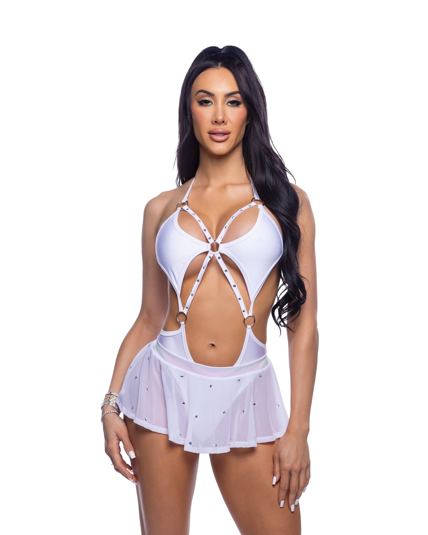 6668 - Bedazzled Mesh Mini Skirt with Rhinestone Detail - Eye Candy Sensation Apparel & Accessories