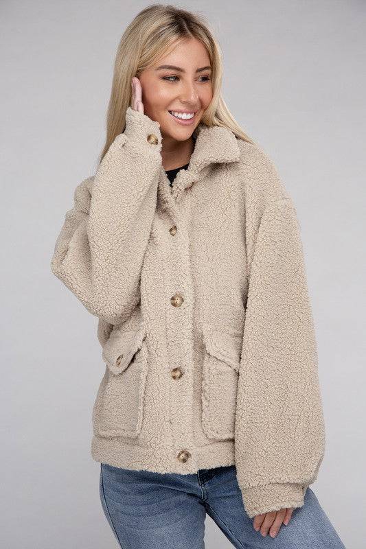 Cozy Sherpa Button-Front Jacket Ambiance Apparel
