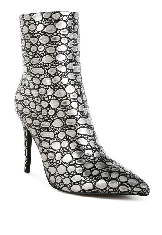 Moolah Embossed Stiletto Heel Ankle Boots - Eye Candy Sensation Apparel & Accessories