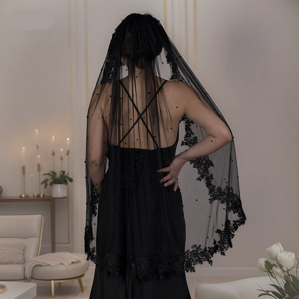 Exquisite Lace Black Veil Pearl Bridal Veil