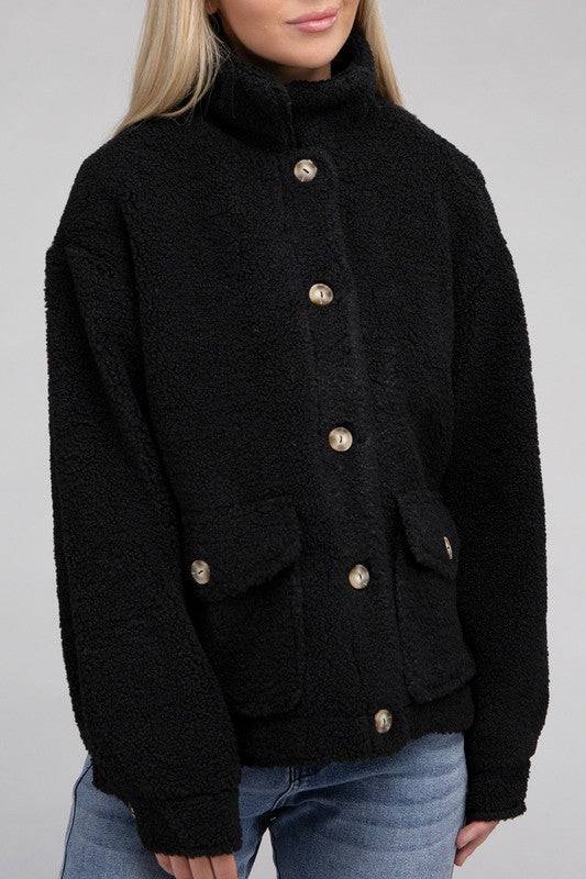Cozy Sherpa Button-Front Jacket Ambiance Apparel