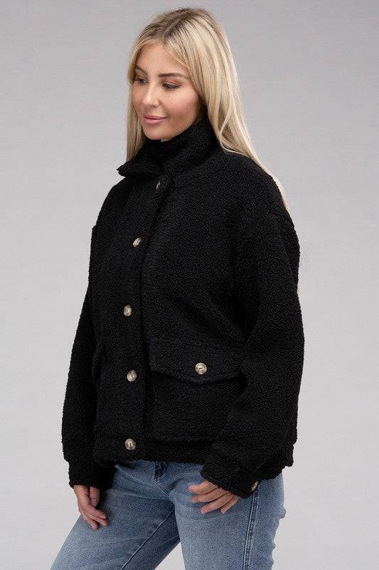 Cozy Sherpa Button-Front Jacket Ambiance Apparel