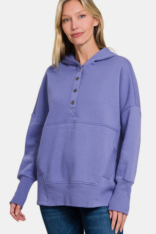 Zenana Half Snap Long Sleeve Hoodie with Kangaroo Pocket Trendsi