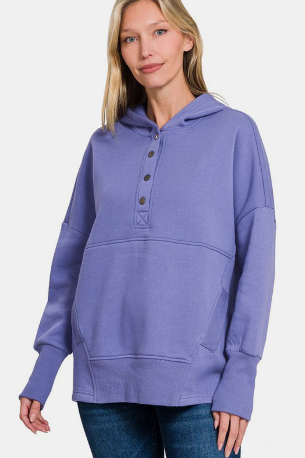 Zenana Half Snap Long Sleeve Hoodie with Kangaroo Pocket Trendsi