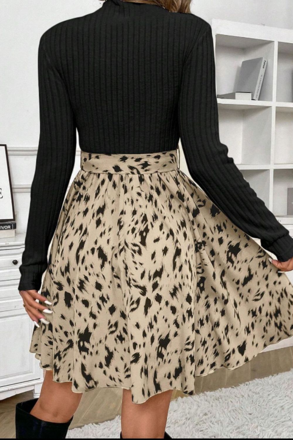 Printed Tie Waist Mock Neck Long Sleeve Dress Trendsi