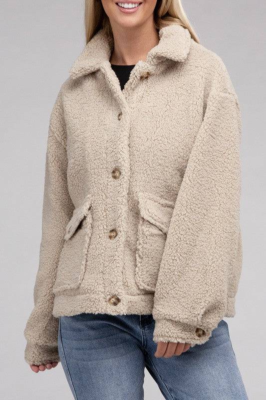 Cozy Sherpa Button-Front Jacket Ambiance Apparel