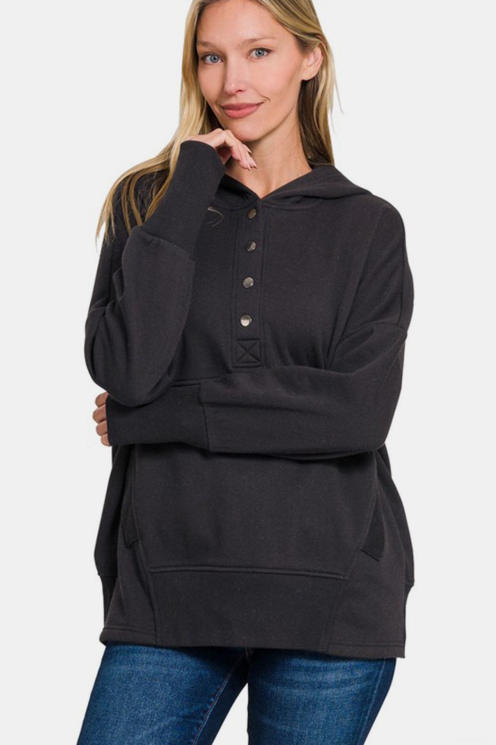 Zenana Half Snap Long Sleeve Hoodie with Kangaroo Pocket Trendsi