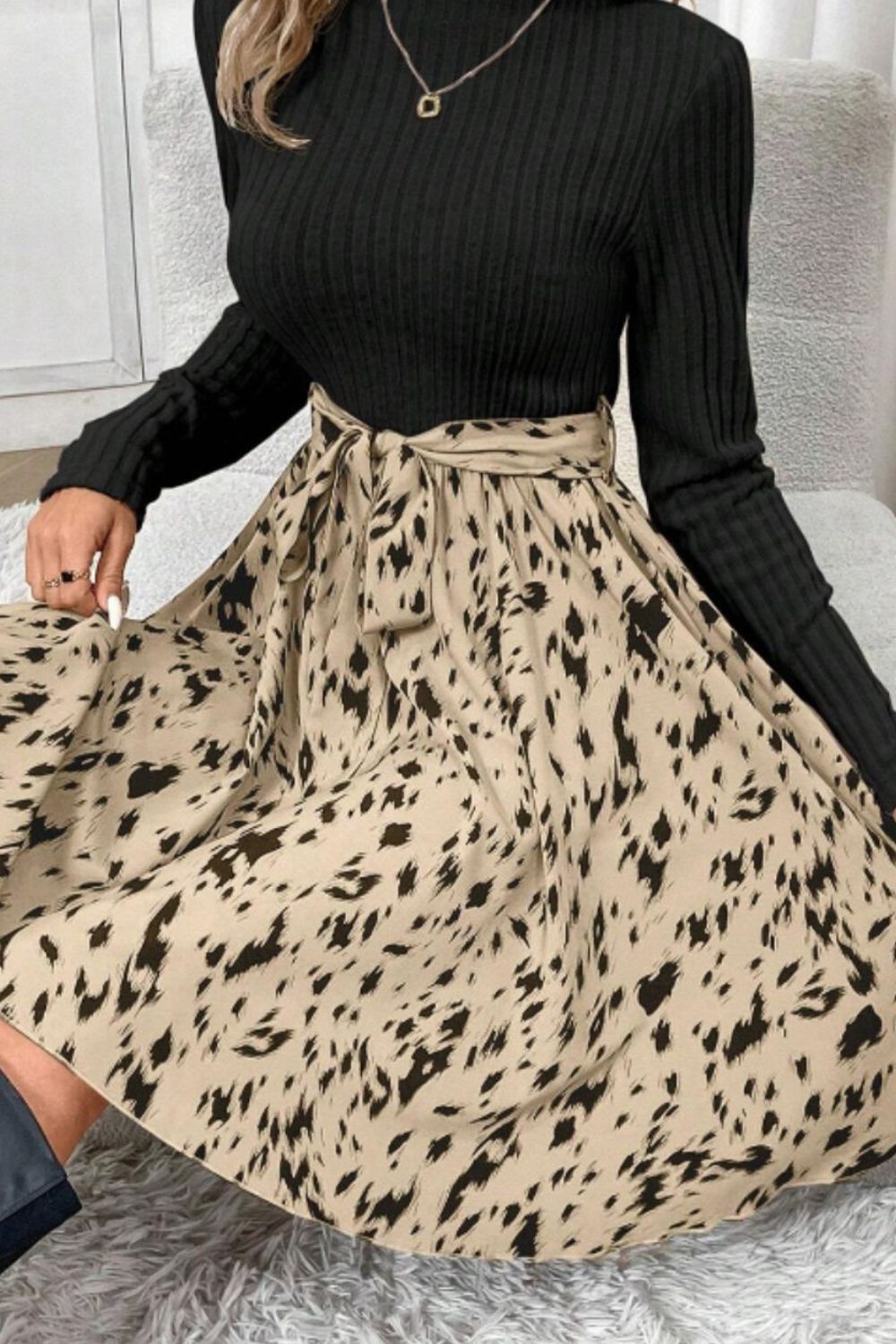 Printed Tie Waist Mock Neck Long Sleeve Dress Trendsi