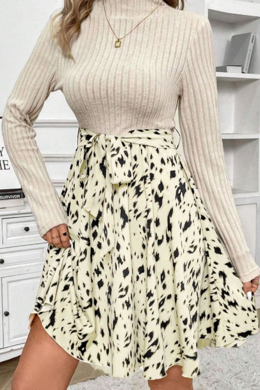 Printed Tie Waist Mock Neck Long Sleeve Dress Trendsi